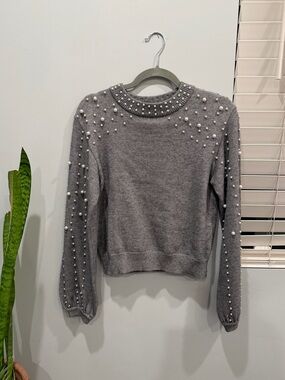 Lucy Paris Gray Pearl-Embellished Crewneck Sweater